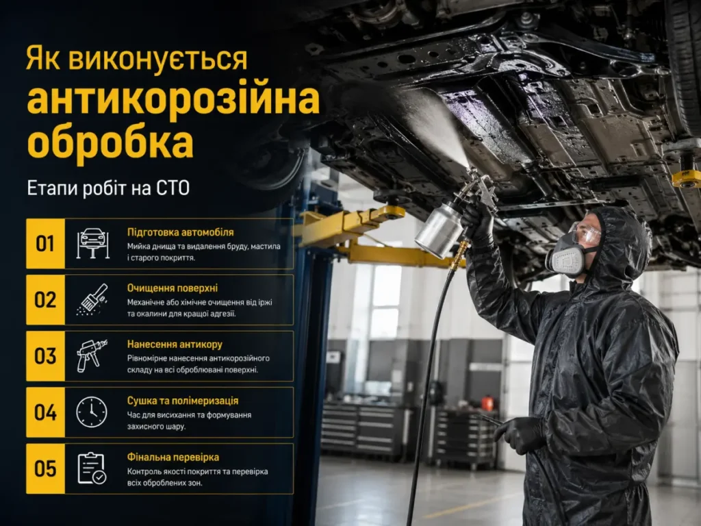 Нанесення антикорозійного покриття на шасі авто під час обробки на СТО