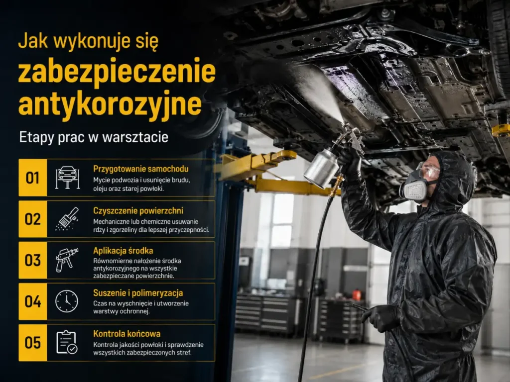 Nakładanie powłoki antykorozyjnej na podwozie samochodu w warsztacie