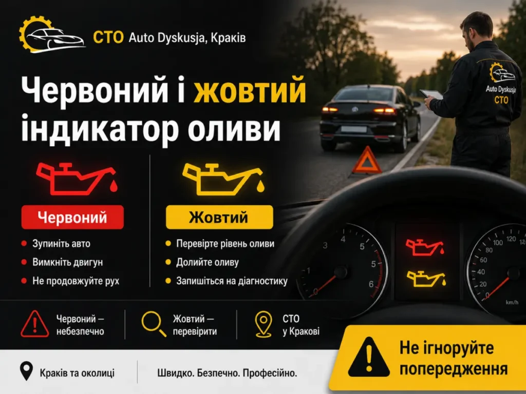 Червоний і жовтий індикатор оливи на панелі автомобіля — коли зупинити авто і перевірити рівень оливи