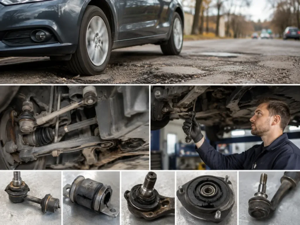 Samochód na wyboistej drodze i kontrola elementów zawieszenia przez mechanika